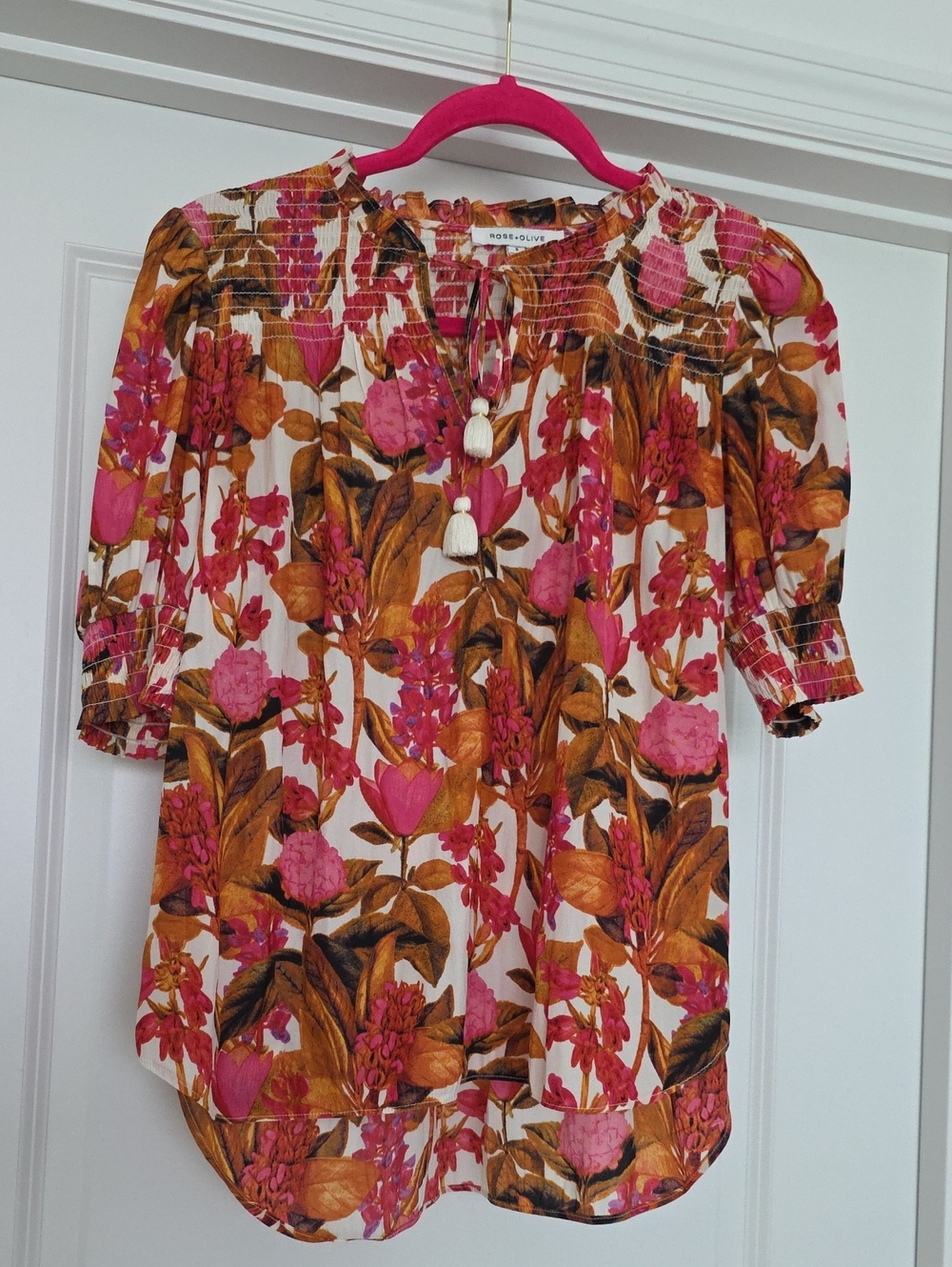 Rose & Olive Various Shades Of Pink And Mustard Floral Peasant Blouse